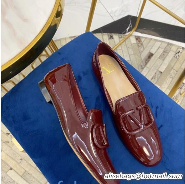 Best Luxury Valentino Garavani VLogo Patent Leather Flat Loafers 092258 Burgundy