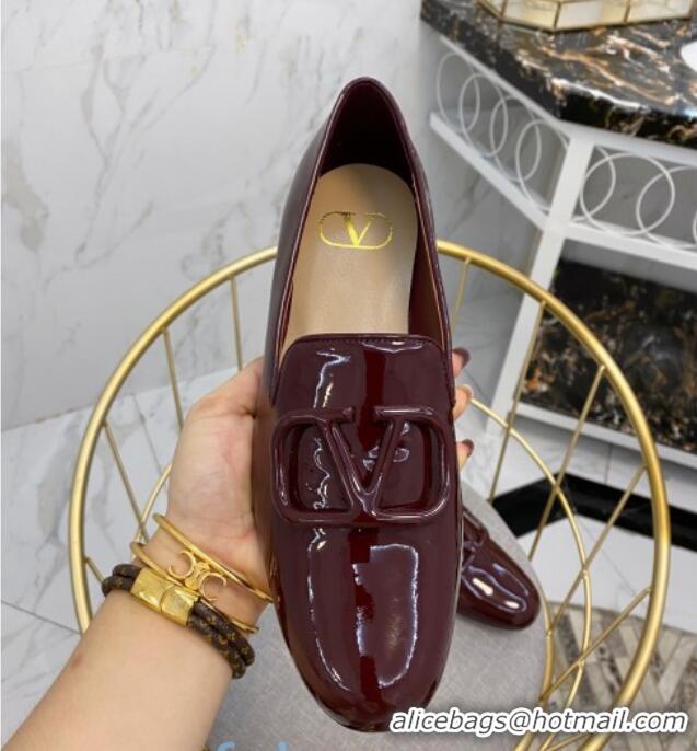 Best Luxury Valentino Garavani VLogo Patent Leather Flat Loafers 092258 Burgundy