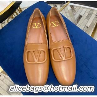 New Style Valentino Garavani VLogo Calfskin Flat Loafers 092258 Brown