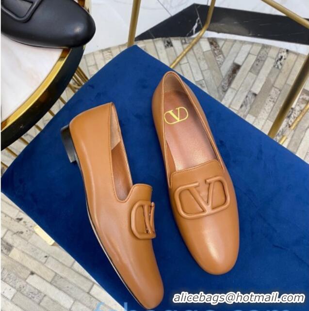 New Style Valentino Garavani VLogo Calfskin Flat Loafers 092258 Brown