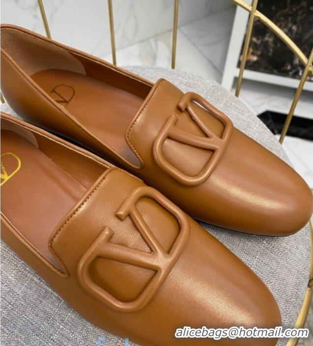 New Style Valentino Garavani VLogo Calfskin Flat Loafers 092258 Brown