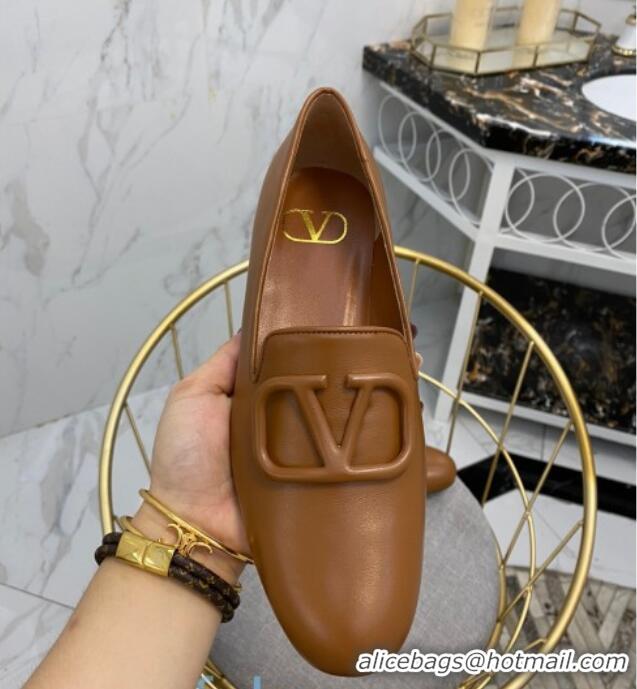 New Style Valentino Garavani VLogo Calfskin Flat Loafers 092258 Brown