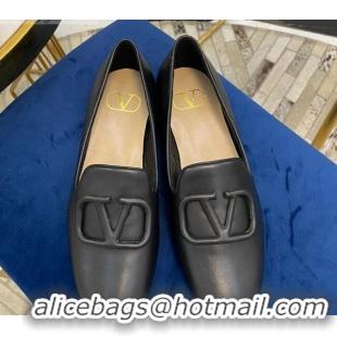 Low Price Valentino Garavani VLogo Calfskin Flat Loafers 092258 Black 