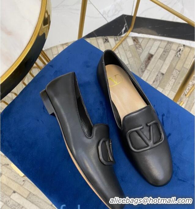 Low Price Valentino Garavani VLogo Calfskin Flat Loafers 092258 Black 