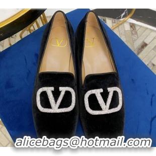 New Fashion Valentino Garavani Crystal VLogo Velvet Flat Loafers 092263 Black