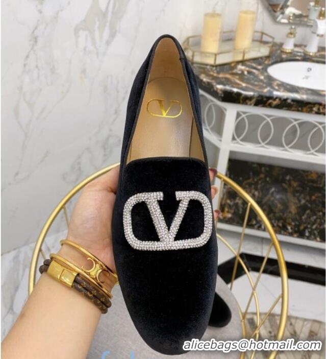 New Fashion Valentino Garavani Crystal VLogo Velvet Flat Loafers 092263 Black