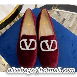 Best Design Valentino Garavani Crystal VLogo Velvet Flat Loafers 092263 Burgundy