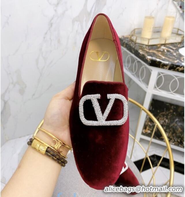 Best Design Valentino Garavani Crystal VLogo Velvet Flat Loafers 092263 Burgundy