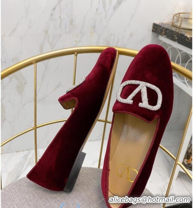 Best Design Valentino Garavani Crystal VLogo Velvet Flat Loafers 092263 Burgundy