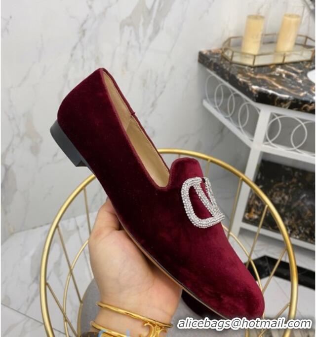 Best Design Valentino Garavani Crystal VLogo Velvet Flat Loafers 092263 Burgundy