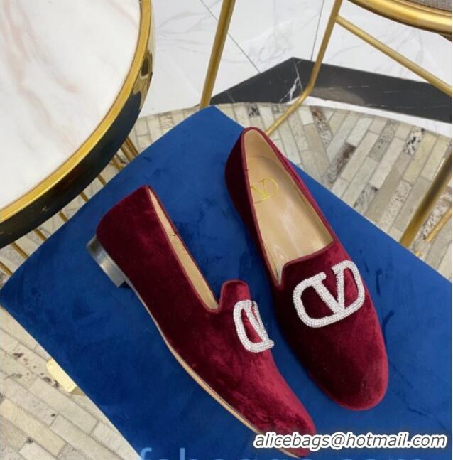 Best Design Valentino Garavani Crystal VLogo Velvet Flat Loafers 092263 Burgundy