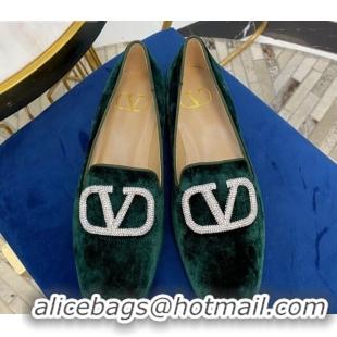 Good Quality Valentino Garavani Crystal VLogo Velvet Flat Loafers 092263 Dark Green