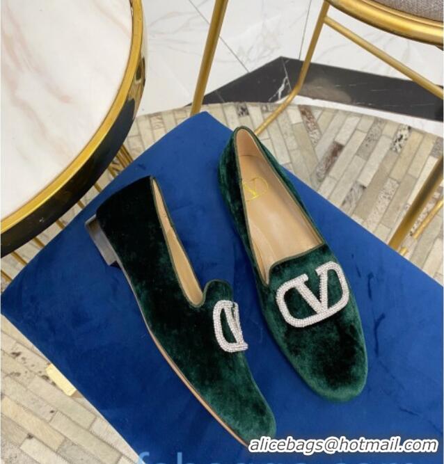 Good Quality Valentino Garavani Crystal VLogo Velvet Flat Loafers 092263 Dark Green