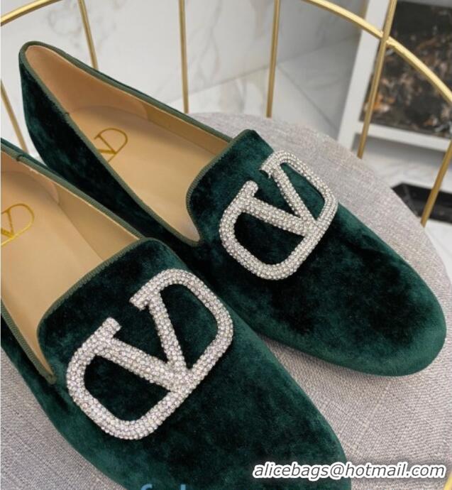 Good Quality Valentino Garavani Crystal VLogo Velvet Flat Loafers 092263 Dark Green