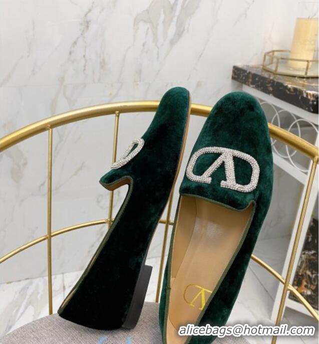 Good Quality Valentino Garavani Crystal VLogo Velvet Flat Loafers 092263 Dark Green