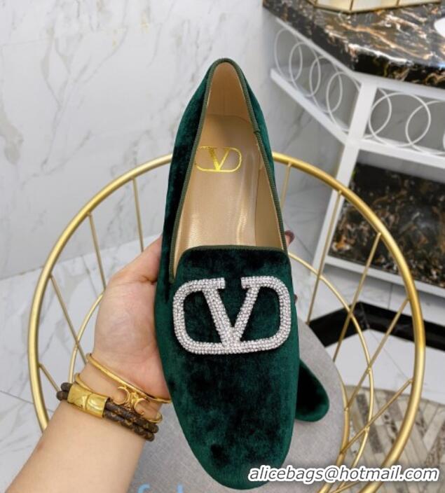 Good Quality Valentino Garavani Crystal VLogo Velvet Flat Loafers 092263 Dark Green