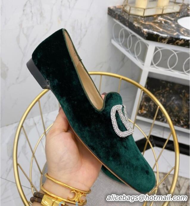 Good Quality Valentino Garavani Crystal VLogo Velvet Flat Loafers 092263 Dark Green