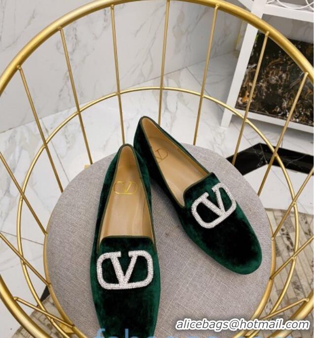 Good Quality Valentino Garavani Crystal VLogo Velvet Flat Loafers 092263 Dark Green