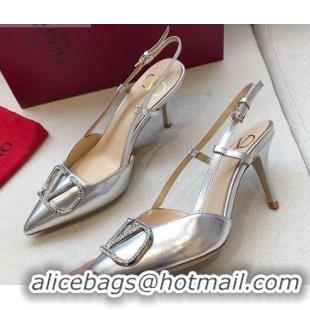 Good Product Valentino Crystal VLogo Metallic Leather Slingback 70mm 092410 Silver