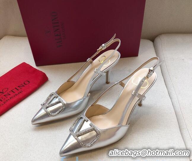 Good Product Valentino Crystal VLogo Metallic Leather Slingback 70mm 092410 Silver