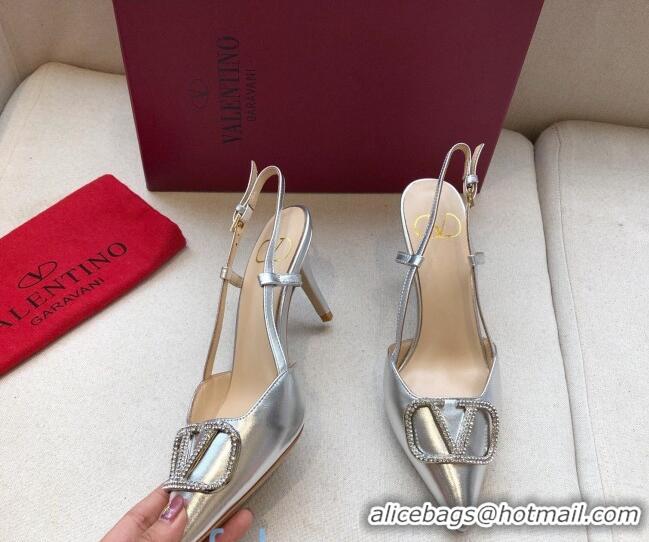 Good Product Valentino Crystal VLogo Metallic Leather Slingback 70mm 092410 Silver