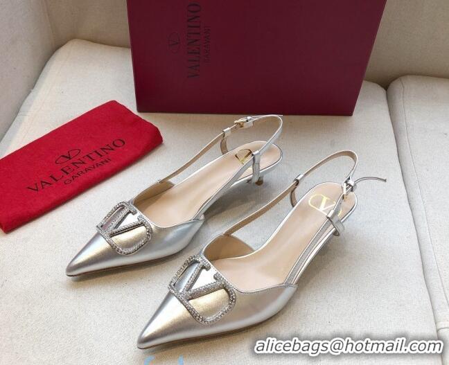 Best Price Valentino Crystal VLogo Metallic Leather Slingback 40mm Silver 092411