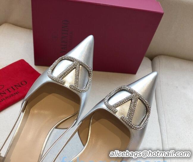 Best Price Valentino Crystal VLogo Metallic Leather Slingback 40mm Silver 092411