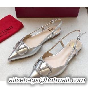 Top Quality Valentino Crystal VLogo Metallic Leather Flat Slingback Silver 09241