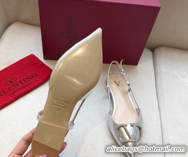 Top Quality Valentino Crystal VLogo Metallic Leather Flat Slingback Silver 09241