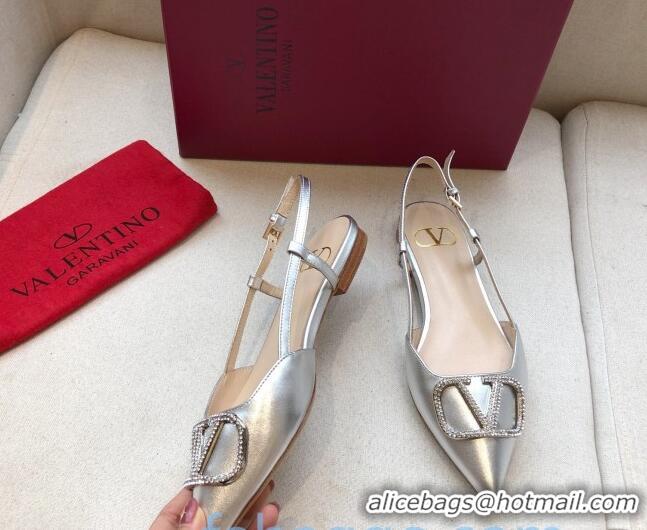 Top Quality Valentino Crystal VLogo Metallic Leather Flat Slingback Silver 09241