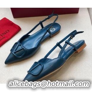 Top Grade Valentino VLogo Calfksin Flat Slingback Peacock Blue 092415