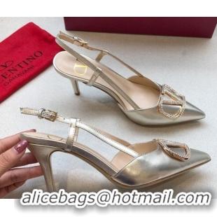 Grade Quality Valentino Crystal VLogo Metallic Leather Slingback 70mm Gold 092416