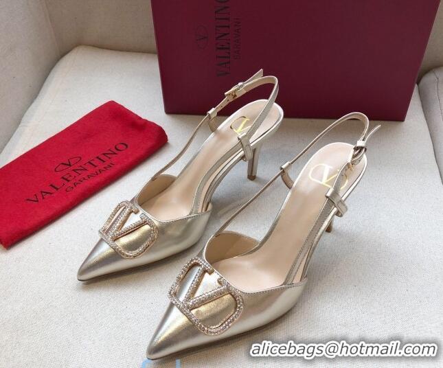 Grade Quality Valentino Crystal VLogo Metallic Leather Slingback 70mm Gold 092416