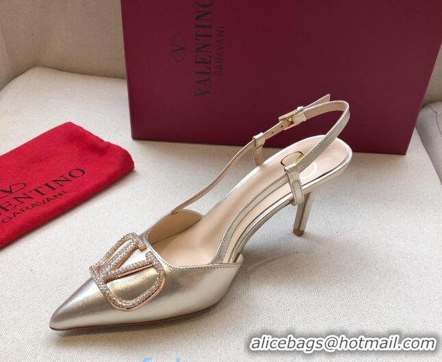 Grade Quality Valentino Crystal VLogo Metallic Leather Slingback 70mm Gold 092416