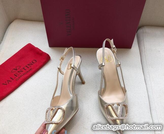 Grade Quality Valentino Crystal VLogo Metallic Leather Slingback 70mm Gold 092416