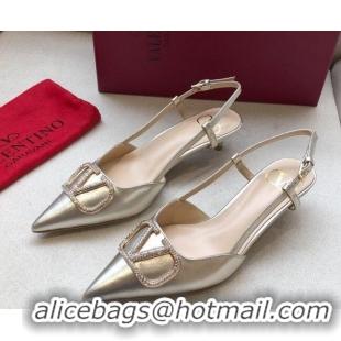 Classic Hot Valentino Crystal VLogo Metallic Leather Slingback 40mm Gold 092417