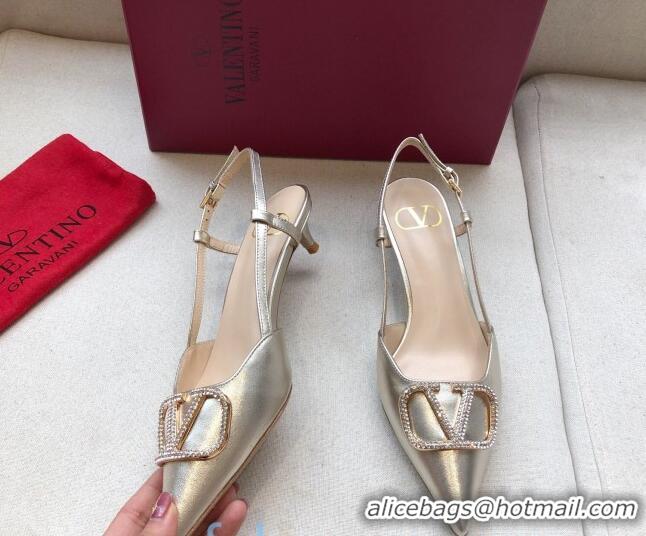 Classic Hot Valentino Crystal VLogo Metallic Leather Slingback 40mm Gold 092417