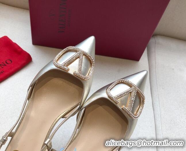 Classic Hot Valentino Crystal VLogo Metallic Leather Slingback 40mm Gold 092417