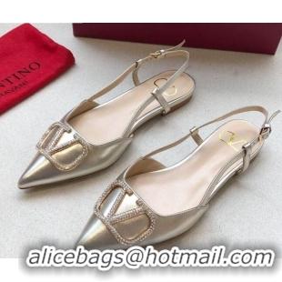 Low Cost Valentino Crystal VLogo Metallic Leather Flat Slingback Gold 092418