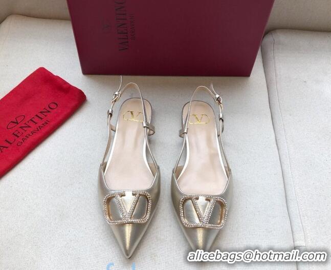 Low Cost Valentino Crystal VLogo Metallic Leather Flat Slingback Gold 092418