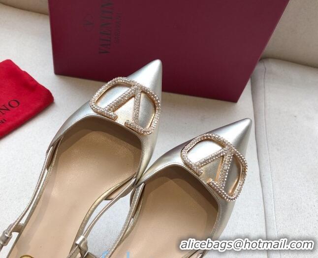 Low Cost Valentino Crystal VLogo Metallic Leather Flat Slingback Gold 092418