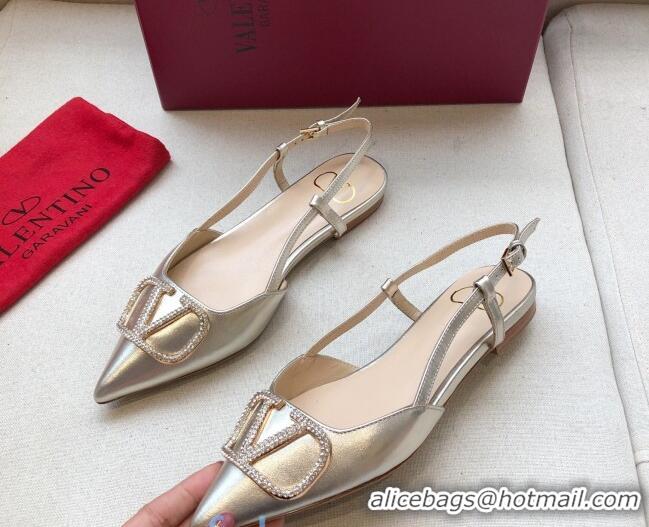 Low Cost Valentino Crystal VLogo Metallic Leather Flat Slingback Gold 092418