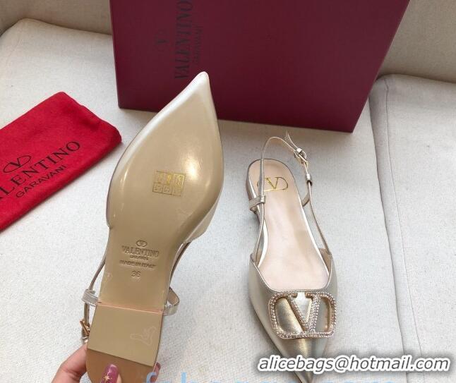 Low Cost Valentino Crystal VLogo Metallic Leather Flat Slingback Gold 092418