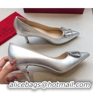 Most Popular Valentino Crystal VLogo Metallic Leather Pumps 70mm Silver 092419