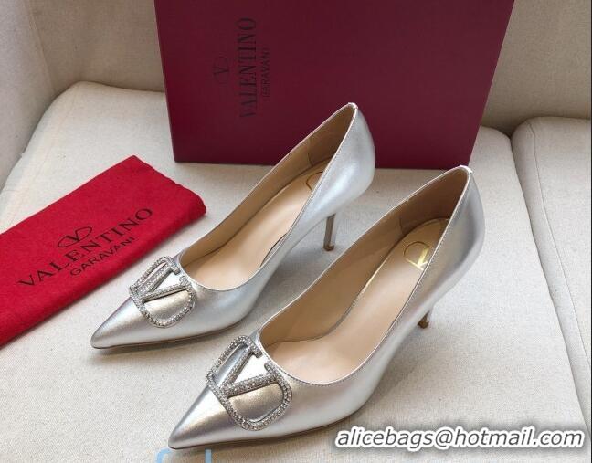 Most Popular Valentino Crystal VLogo Metallic Leather Pumps 70mm Silver 092419