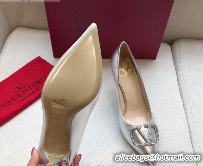 Purchase Valentino Crystal VLogo Metallic Leather Pumps 40mm Silver 092420