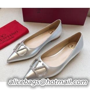 Luxury Valentino Crystal VLogo Metallic Leather Flat Ballerinas Silver 092421