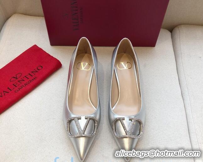 Luxury Valentino Crystal VLogo Metallic Leather Flat Ballerinas Silver 092421