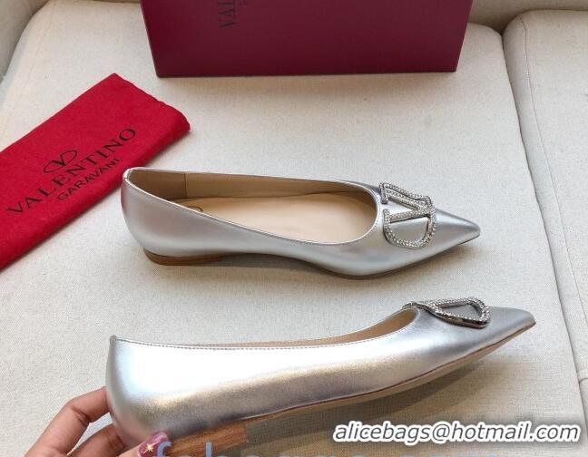 Luxury Valentino Crystal VLogo Metallic Leather Flat Ballerinas Silver 092421