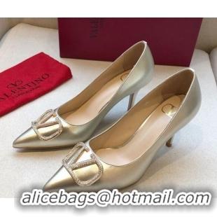 Good Product Valentino Crystal VLogo Metallic Leather Pumps 70mm Gold 092422